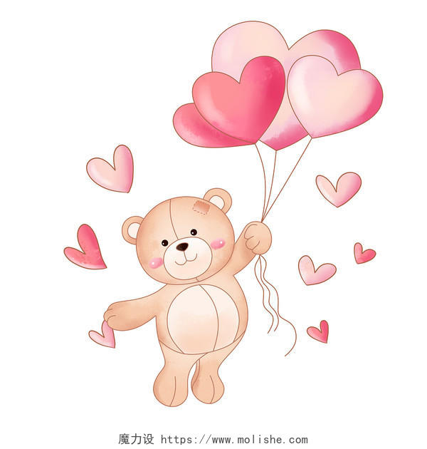 彩色卡通手绘水彩水墨风格小熊爱心气球素材原创插画海报情人节情人浪漫气球